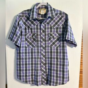 Vintage Wrangler Shirt Mens Large Western Pearl Snap Plaid Purple Black White